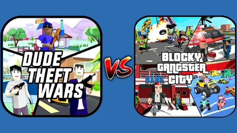 feature image of dude theft wars apk and blocky dude gangster auto city apk